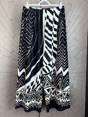 Caroline Rose Black White Geometric Pattern Elastic Waist Pants Medium